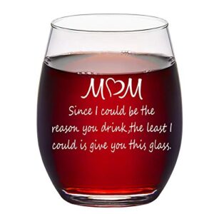 mother’s day gift, mom stemless wine glass for women mom mother wine lovers mother's day birthday christmas from daughter son kid, funny birthday gift for mom, mom wine glass for red white wine, 15oz