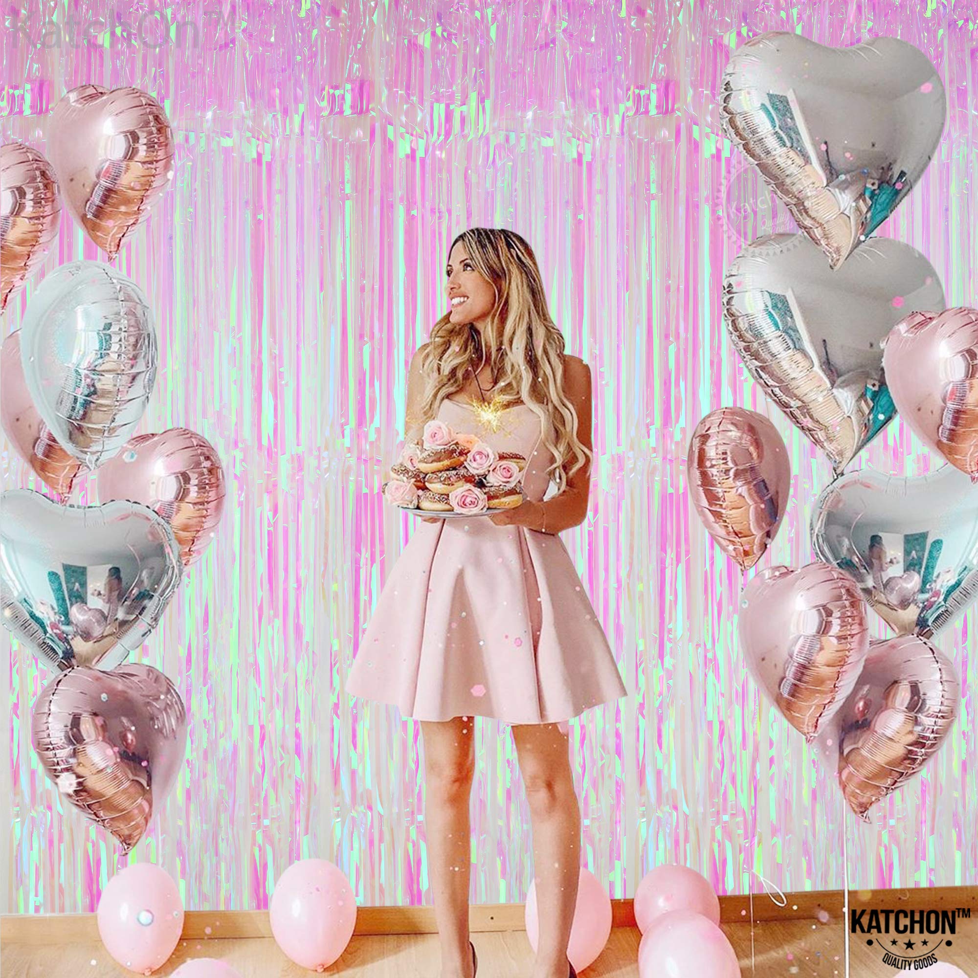 KatchOn, XtraLarge Foil Iridescent Backdrop Curtain - 3.2x8 Feet, Pack of 2 | Pink Tinsel Curtain Backdrop for Iridescent Party Decorations | Iridescent Streamer Backdrop for Pink Party Decorations