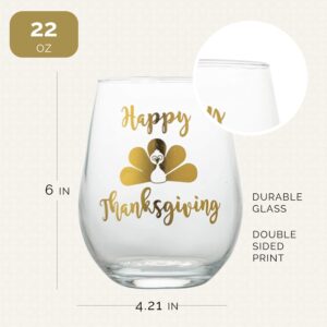 Happy Thanksgiving Stemless Wine Glass, 22oz Friendsgiving Wine Glasses, Thanksgiving Wine Glass - Perfect Friendsgiving Gift, Turkey Wine Glass, Fall Wine Glass (Happy Thanksgiving)