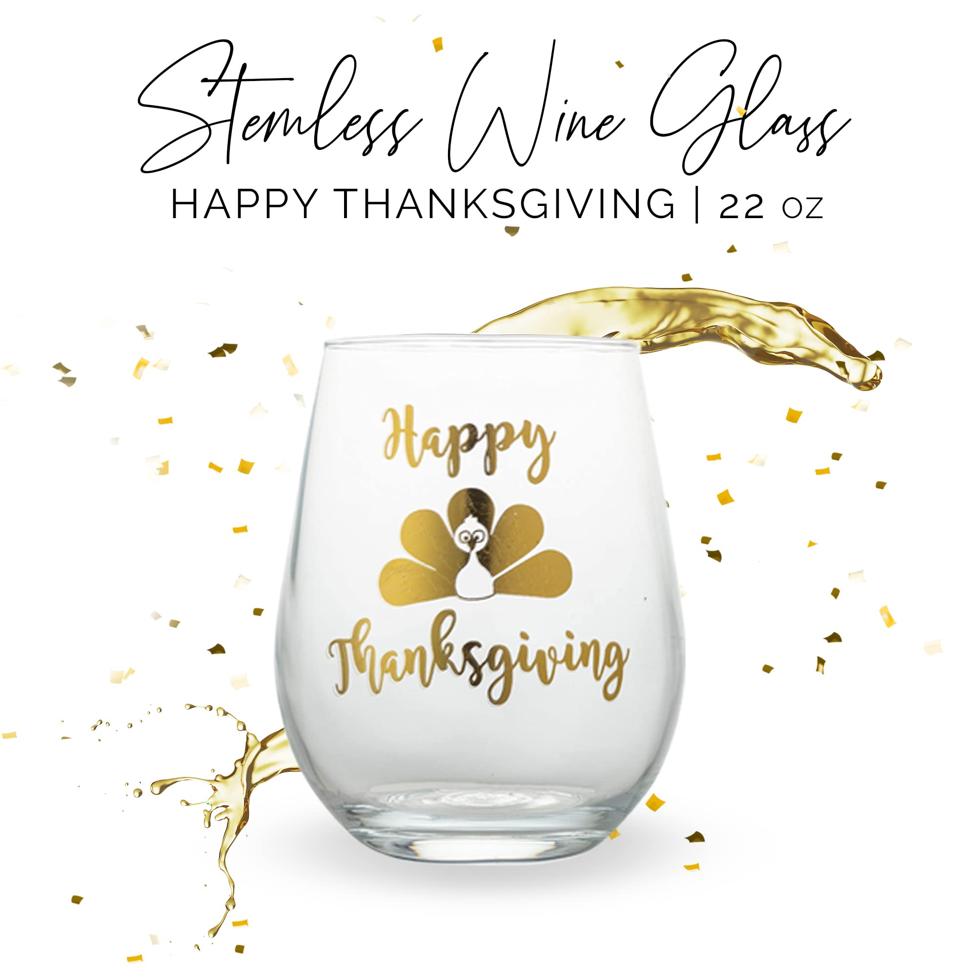 Happy Thanksgiving Stemless Wine Glass, 22oz Friendsgiving Wine Glasses, Thanksgiving Wine Glass - Perfect Friendsgiving Gift, Turkey Wine Glass, Fall Wine Glass (Happy Thanksgiving)