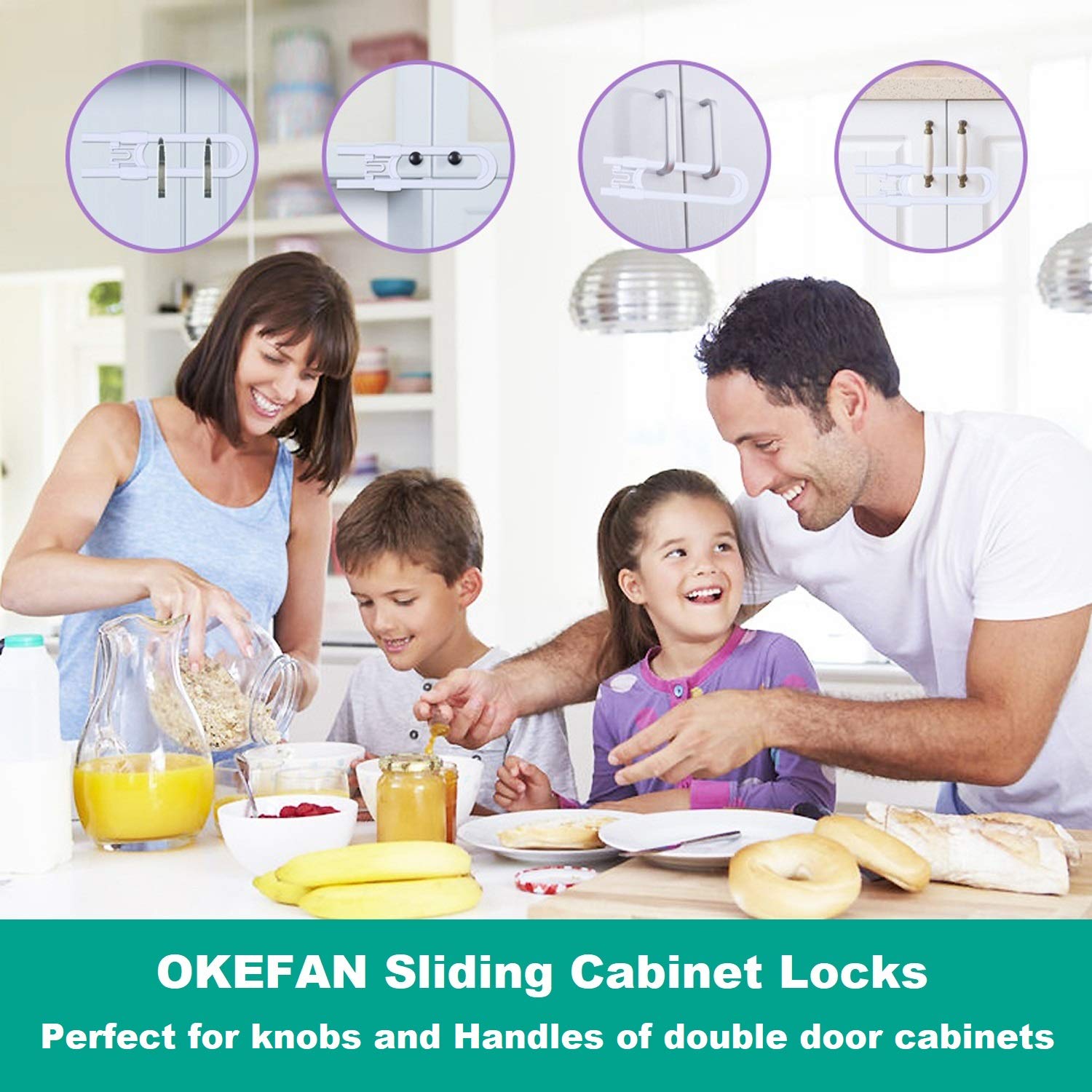 Sliding Cabinet Child Safety Locks - OKEFAN Baby Proofing Cabinet Lock Cupboard Latches for Kids on Closet Door Knobs Handles Pulls No Drill (10, White)