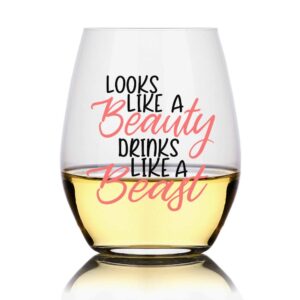 looks like a beauty drinks like a beast wine glass, princess gifts for women, her, wife, friend, sister, mom wine lover glass with, funny sayings, girlfriend birthday present wine gift