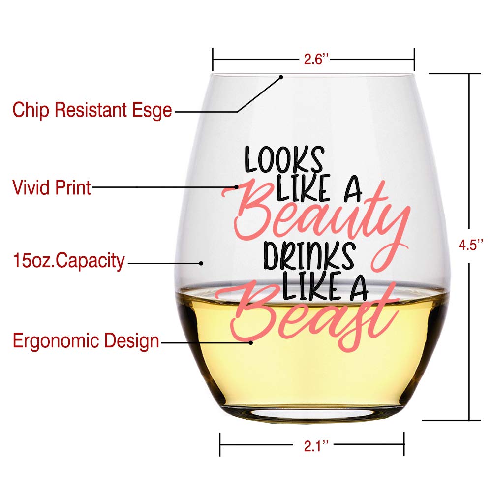 Looks Like a Beauty Drinks Like a Beast Wine Glass, Princess Gifts for Women, Her, Wife, Friend, Sister, Mom Wine Lover Glass With, Funny Sayings, Girlfriend Birthday Present Wine Gift