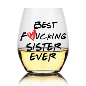 perfectinsoy sister gifts stemless wine glass, best sister ever, great wine glass gifts for sister women soul sister bff sister in law, sister birthday gifts for women, 15 oz funny wine glass
