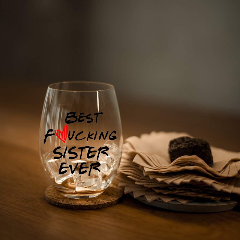 Perfectinsoy Sister Gifts Stemless Wine Glass, Best Sister Ever, Great Wine Glass Gifts for Sister Women Soul Sister BFF Sister in Law, Sister Birthday Gifts for Women, 15 Oz Funny Wine Glass
