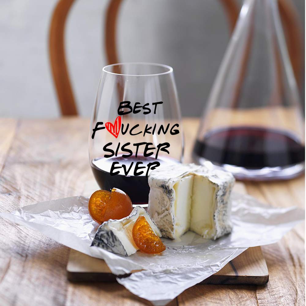 Perfectinsoy Sister Gifts Stemless Wine Glass, Best Sister Ever, Great Wine Glass Gifts for Sister Women Soul Sister BFF Sister in Law, Sister Birthday Gifts for Women, 15 Oz Funny Wine Glass