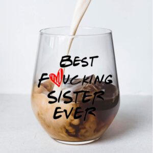 Perfectinsoy Sister Gifts Stemless Wine Glass, Best Sister Ever, Great Wine Glass Gifts for Sister Women Soul Sister BFF Sister in Law, Sister Birthday Gifts for Women, 15 Oz Funny Wine Glass