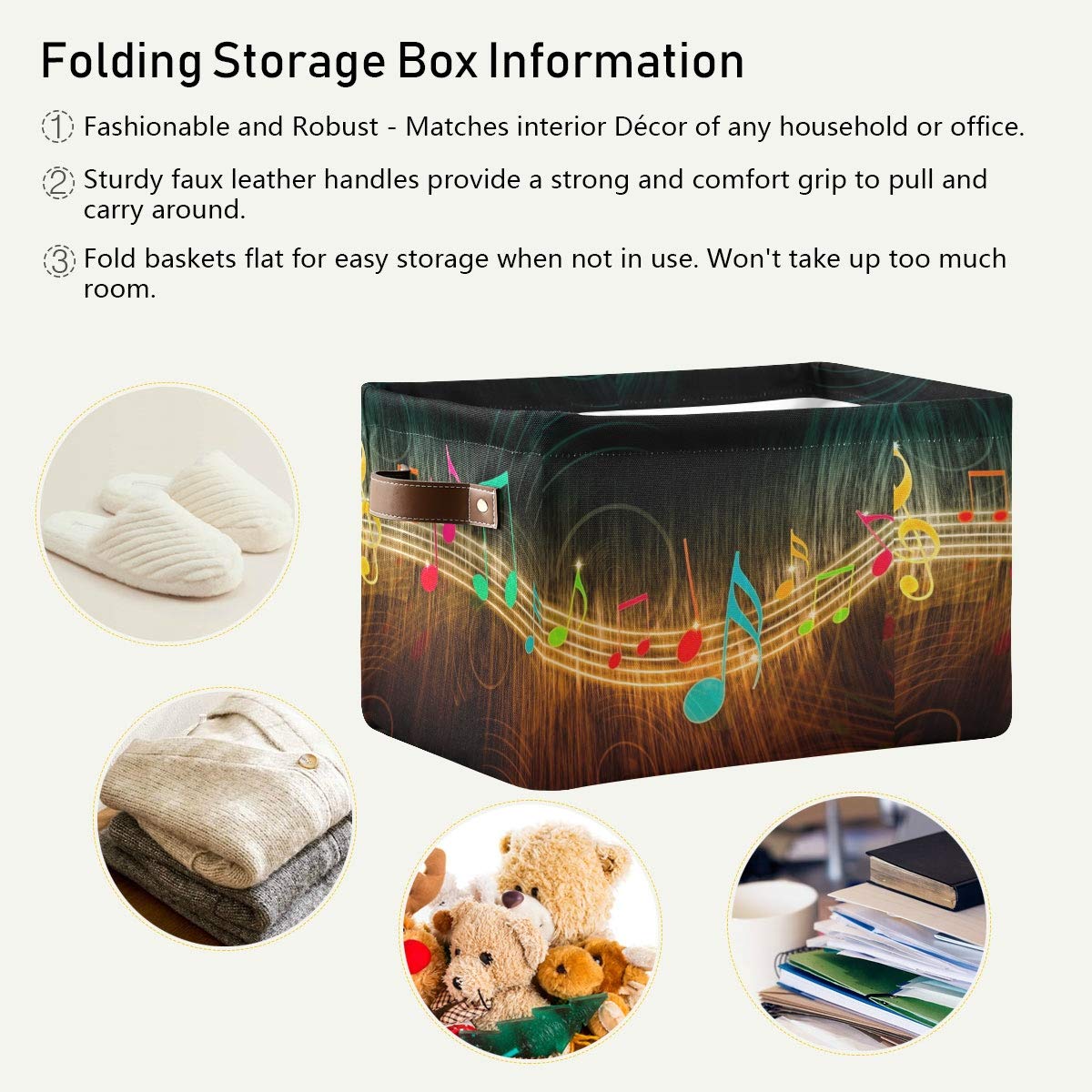 KEEPREAL Large Storage Basket Bin Music Note Stripe Storage Cube Box Foldable Canvas Fabric Collapsible Organizer with Handles for Home Office Closet, 2PCS