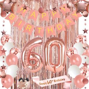 60th birthday decorations for women, happy birthday banner cake topper rose gold curtain happy 60th birthday sash 60 balloon number for 60th anniversary decorations birthday party backdrop