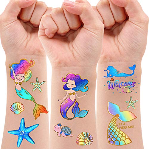 Mermaid Party Supplies Temporary Tattoos - Glitter Mermaid Birthday Party Favors, Mermaid Tail Decorations + Halloween Easter Makeup (6 Sheet)