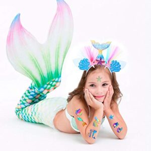 Mermaid Party Supplies Temporary Tattoos - Glitter Mermaid Birthday Party Favors, Mermaid Tail Decorations + Halloween Easter Makeup (6 Sheet)