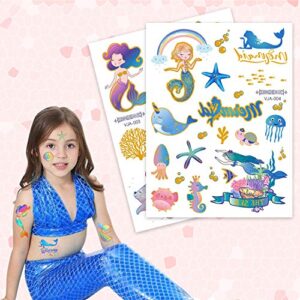 Mermaid Party Supplies Temporary Tattoos - Glitter Mermaid Birthday Party Favors, Mermaid Tail Decorations + Halloween Easter Makeup (6 Sheet)