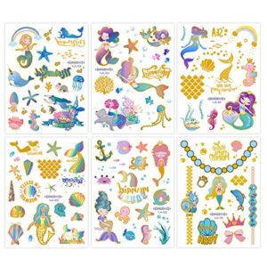 Mermaid Party Supplies Temporary Tattoos - Glitter Mermaid Birthday Party Favors, Mermaid Tail Decorations + Halloween Easter Makeup (6 Sheet)