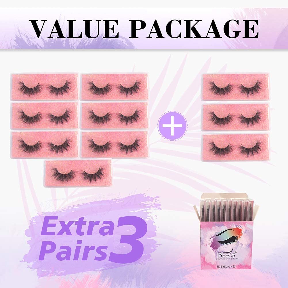 BEEOS Real Mink 3D Eyelashes Wholesale 10 Pairs, E11 Fluffy Full Volume 18 mm Middle Long Lashes Reusable Lightweight Siberian 3D Mink Lashes for Daily Use Natural Look (E11/10 Pairs)