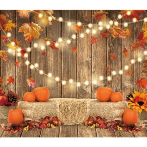 Funnytree 8x6FT Fall Pumpkin Photography Backdrop Autumn Tanksgiving Harvest Hay Leaves Wooden Background Sunflower Maple Baby Shower Banner Decoration Party Supplies Photo Booth Prop