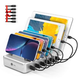 charging station for multiple devices - 6 port fast charging station for iphone ipad android and tablet - multi charging station - phone charging station with 6 mixed cables included(ul certified)