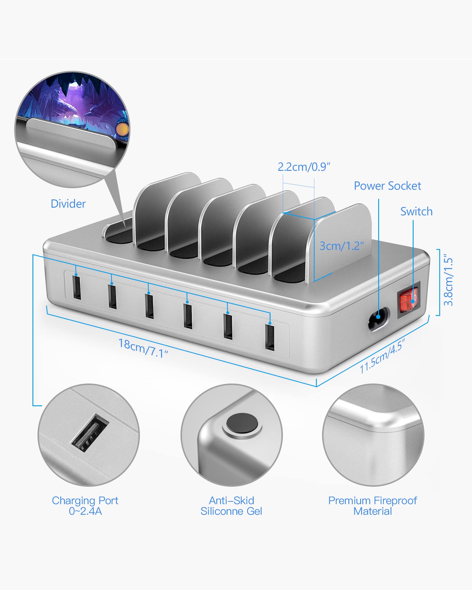 Charging Station for Multiple Devices - 6 Port Fast Charging Station for iPhone iPad Android and Tablet - Multi Charging Station - Phone Charging Station with 6 Mixed Cables Included(UL Certified)