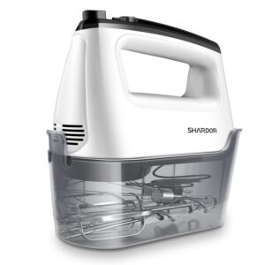 shardor hand mixer electric1.0, 6 speed & turbo handheld mixer with 5 stainless steel accessories, for whipping, mixing cookies, brownie, cakes, dough batters, snap-on storage case, white