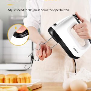 SHARDOR Hand Mixer Electric1.0, 6 Speed & Turbo Handheld Mixer with 5 Stainless Steel Accessories, For Whipping, Mixing Cookies, Brownie, Cakes, Dough Batters, Snap-On Storage Case, White