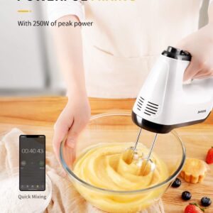 SHARDOR Hand Mixer Electric1.0, 6 Speed & Turbo Handheld Mixer with 5 Stainless Steel Accessories, For Whipping, Mixing Cookies, Brownie, Cakes, Dough Batters, Snap-On Storage Case, White