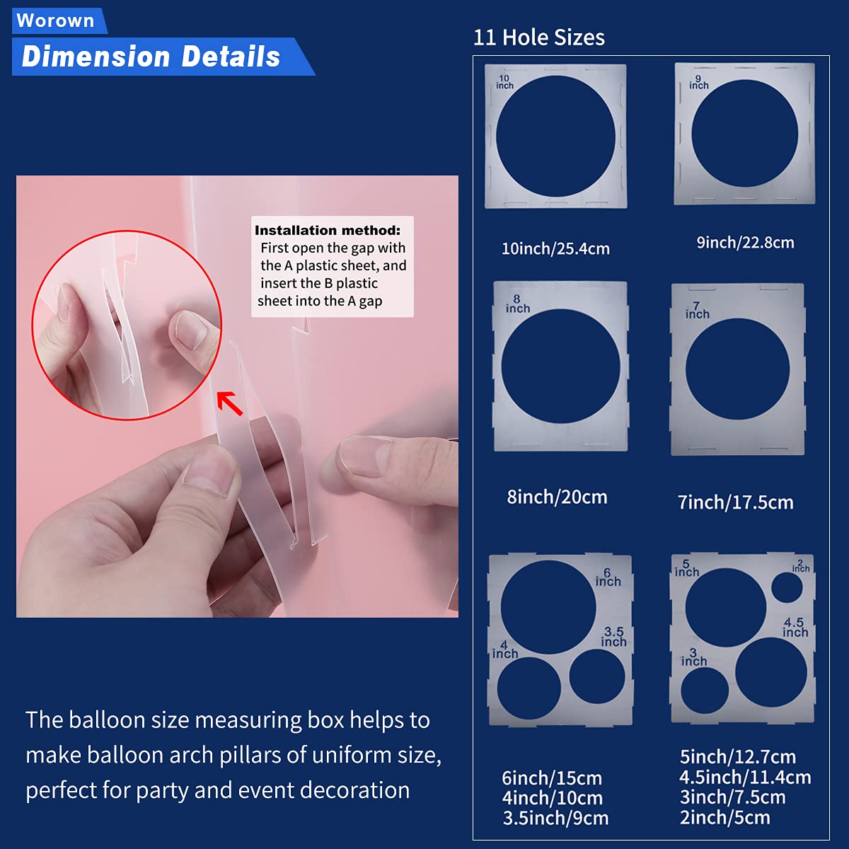 Worown 11 Holes Collapsible Plastic Balloon Sizer Box Cube, Balloon Size Measurement Tool for Balloon Decorations, Balloon Arches, Balloon Columns (2-10 Inch)