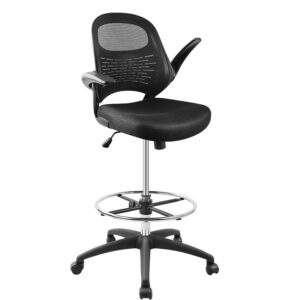 hylone drafting chair, tall office chair for standing desk, mesh drafting table chair with adjustable foot ring, flip-up arms, black
