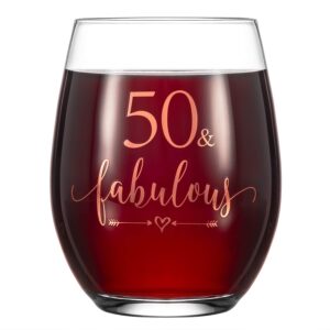 crisky rose gold 50 & fabulous wine glass for women 50th birthday gifts funny ideas for women, wife, mom, sister, aunt, friends, coworker, her rose gold foil 50 & fabulous 14oz, with box