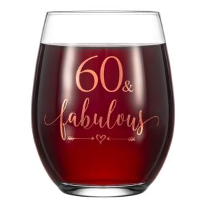 crisky rose gold 60 & fabulous wine glass for women 60th birthday gifts funny ideas for women, wife, mom, sister, aunt, friends, coworker, her rose gold foil 60 & fabulous 14oz, with box