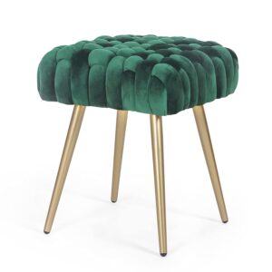 decent home velvet ottoman footrest stool,tufted fabric upholstery side table seat, vanity dressing bench,knit lines chair with metal legs for living room, bedroom (dark green)