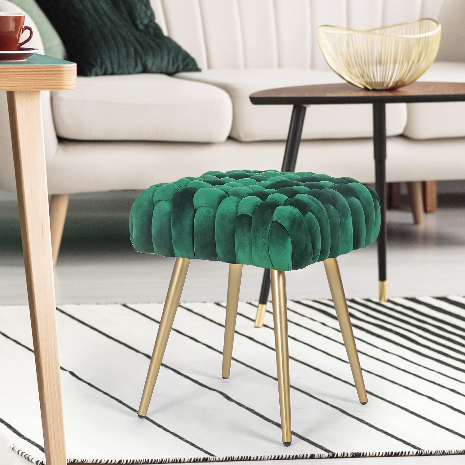 Decent Home Velvet Ottoman Footrest Stool,Tufted Fabric Upholstery Side Table Seat, Vanity Dressing Bench,Knit Lines Chair with Metal Legs for Living Room, Bedroom (Dark Green)