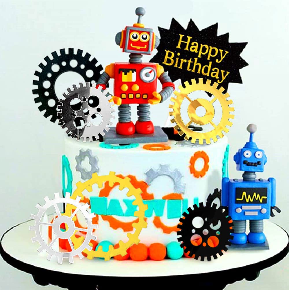 JeVenis Robot Cake Topper Robot Happy Birthday Cake Decoration Gear Cake Topper