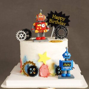 JeVenis Robot Cake Topper Robot Happy Birthday Cake Decoration Gear Cake Topper