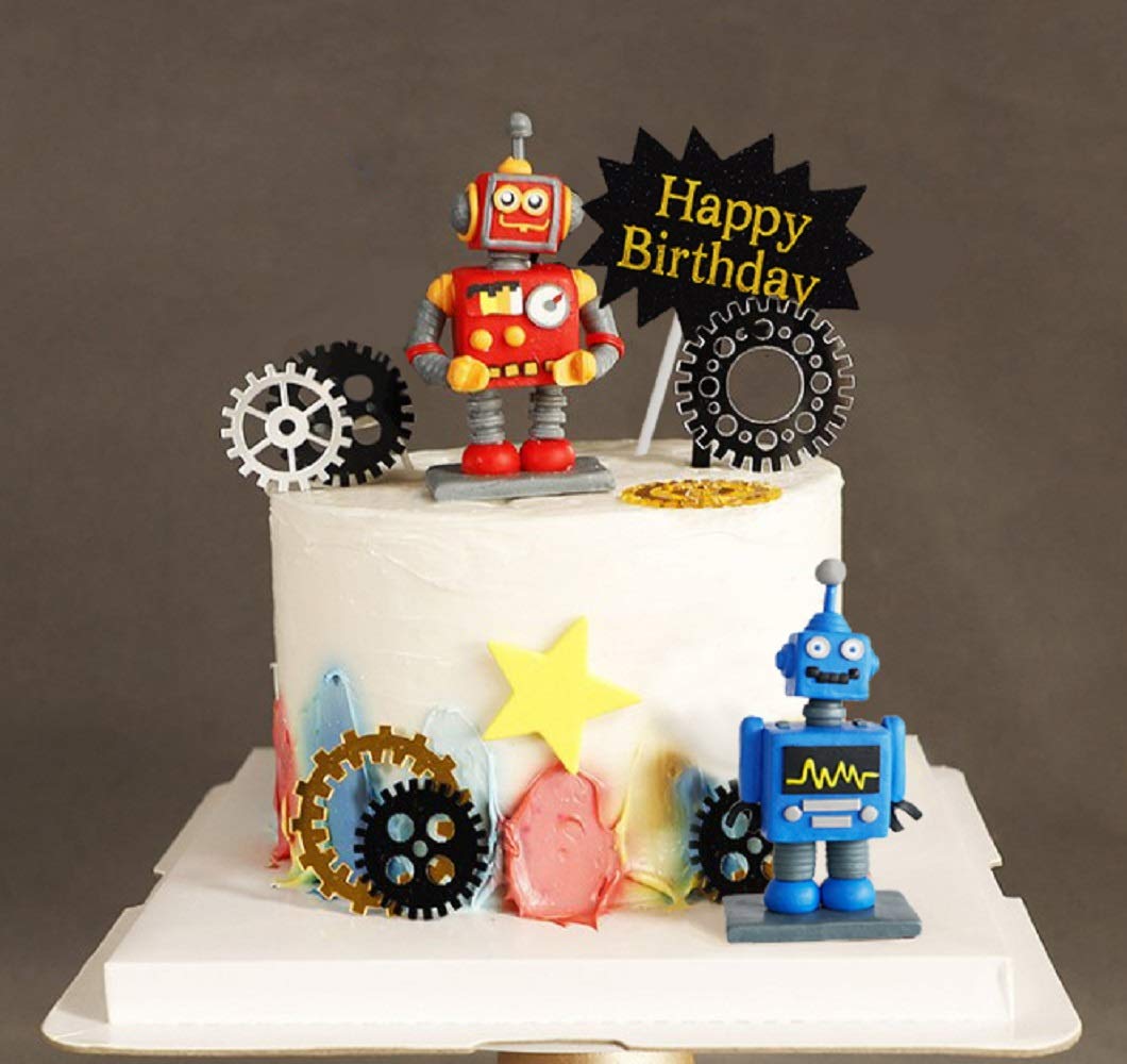 JeVenis Robot Cake Topper Robot Happy Birthday Cake Decoration Gear Cake Topper