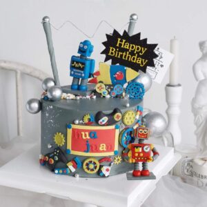 JeVenis Robot Cake Topper Robot Happy Birthday Cake Decoration Gear Cake Topper