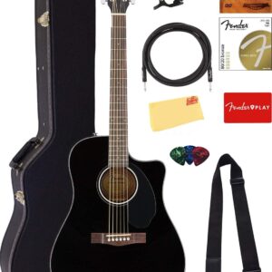 Fender CD-60SCE Solid Top Dreadnought Acoustic-Electric Guitar - Black Bundle with Hard Case, Instrument Cable, Tuner, Strap, Strings, Picks, and Austin Bazaar Instructional DVD