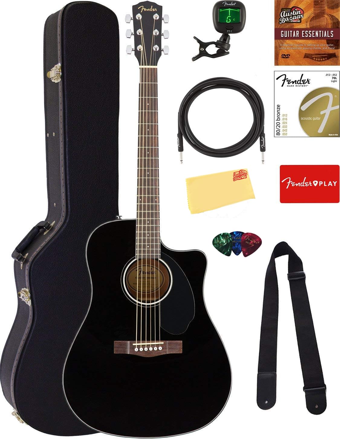 Fender CD-60SCE Solid Top Dreadnought Acoustic-Electric Guitar - Black Bundle with Hard Case, Instrument Cable, Tuner, Strap, Strings, Picks, and Austin Bazaar Instructional DVD