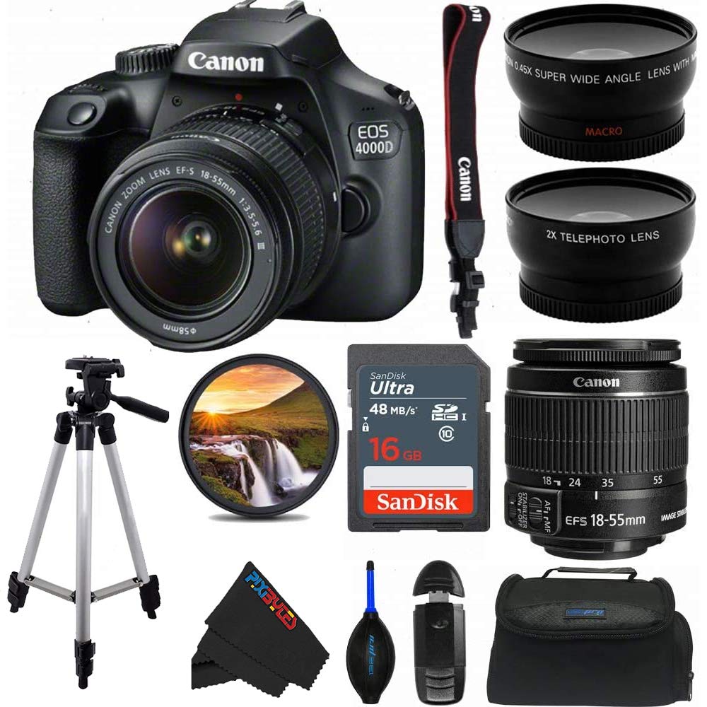 4000D (T100) DSLR Camera (Compatible with Canon Brand) with 18-55mm f/3.5-5.6 III Lens with 50-Inch Tripod and Pixi Advanced Bundle (International Version)