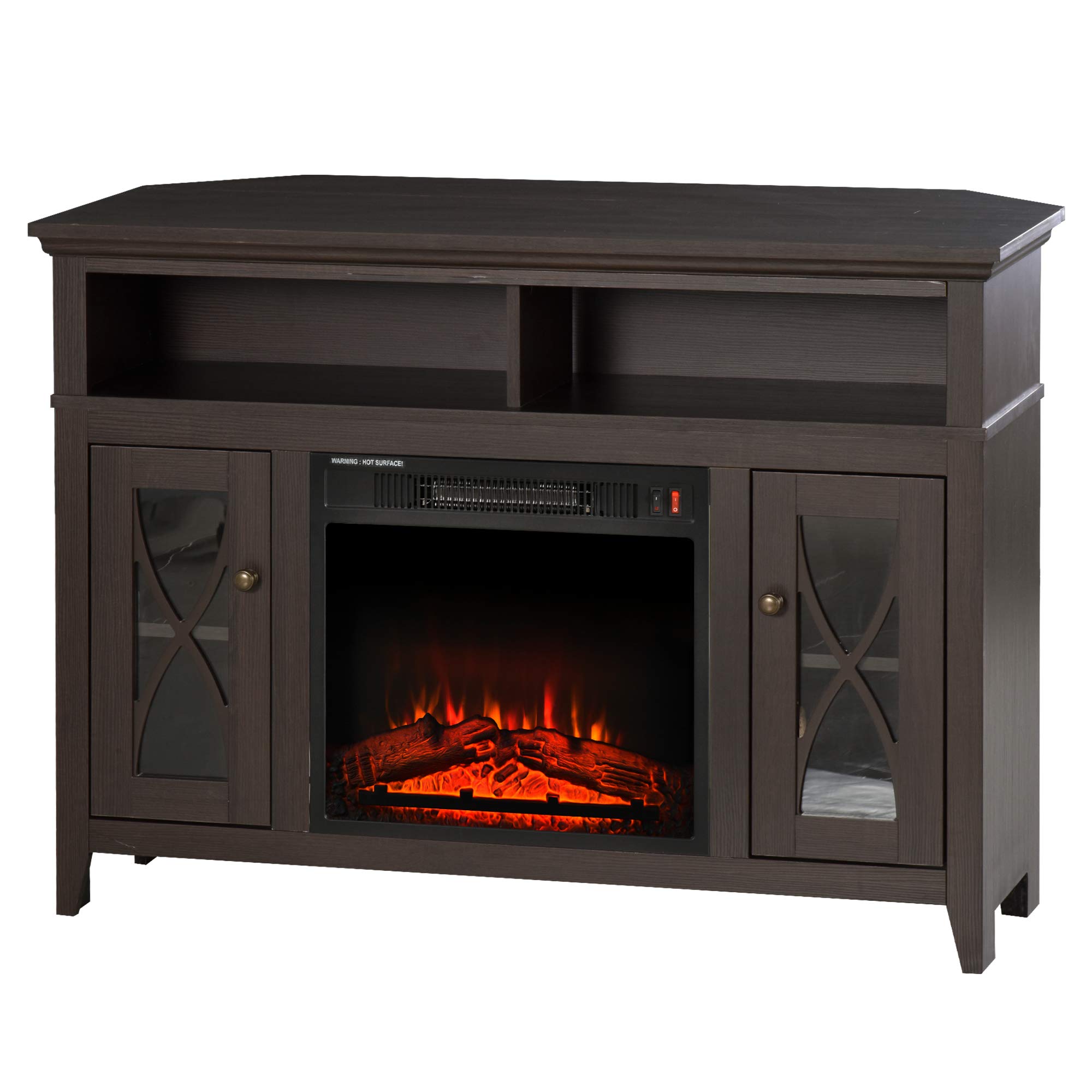 HOMCOM Electric Fireplace TV Stand for 50", Media Console Center Cabinet with 2 Shelves and 2 Cabinets with Adjustable Shelves for Corner, Dark Brown