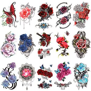 konsait 15 sheets flower temporary tattoos for women, half arm tattoos sleeves stickers, rose flower skull butterfly fake tattoos, arm chest shoulder decorations tattoos for adults girls kids