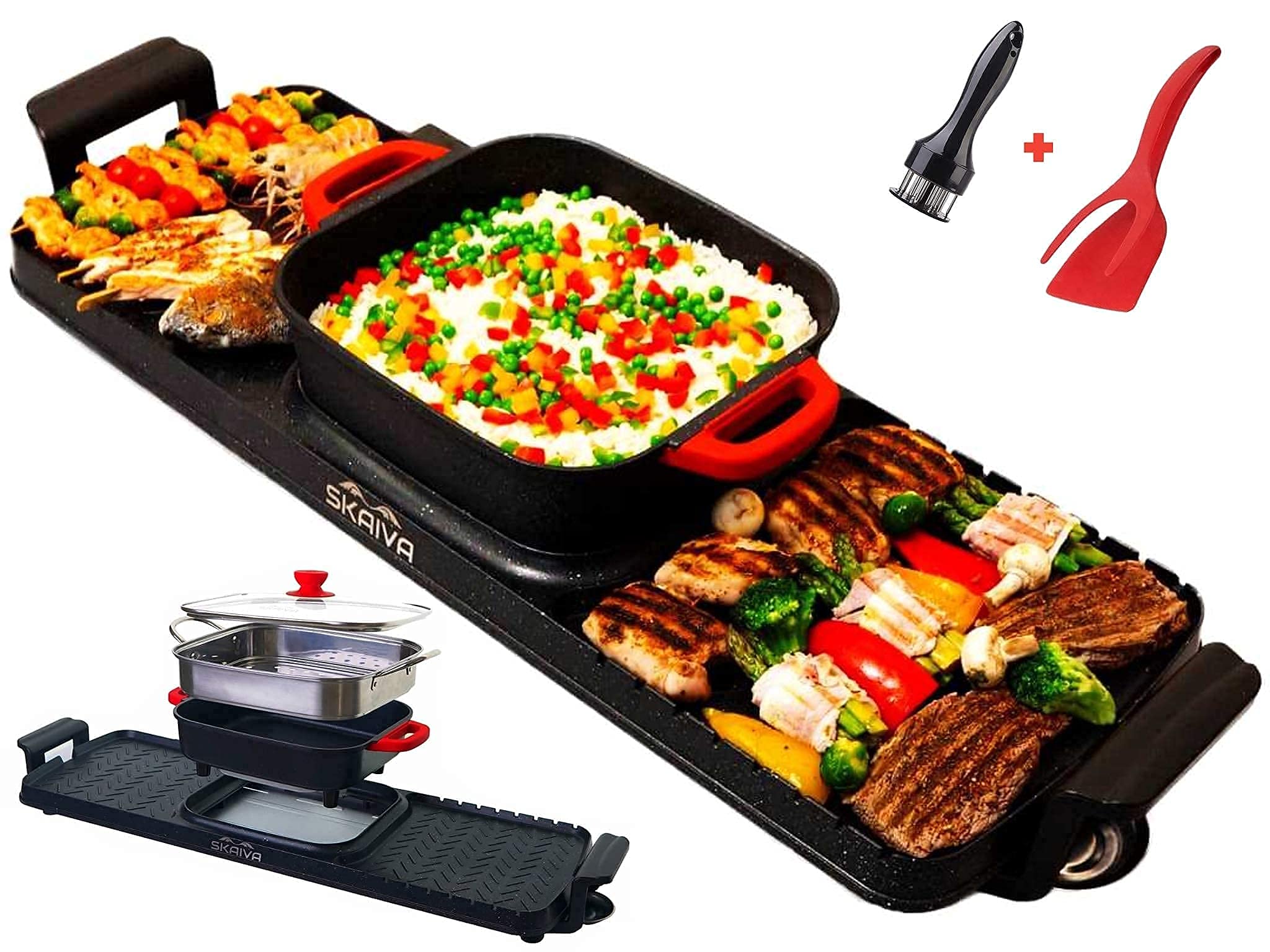 SKAIVA Electric Hot Pot with Grill and Steamer 3 in 1 Detachable Shabu Shabu Hot pot Electric Indoor Korean BBQ Grill, Smokeless Non-Stick KBBQ Hotpot Grill Combo (GP-009A)