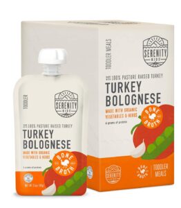 serenity kids bone broth puree made with organic veggies | clean label project purity award certified | 3.5 ounce bpa-free pouch | pasture raised turkey bolognese | 6 count