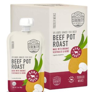 Serenity Kids Bone Broth Puree Made With Organic Veggies | Clean Label Project Purity Award Certified | 3.5 Ounce BPA-Free Pouch | Grass Fed Beef Pot Roast | 6 Count