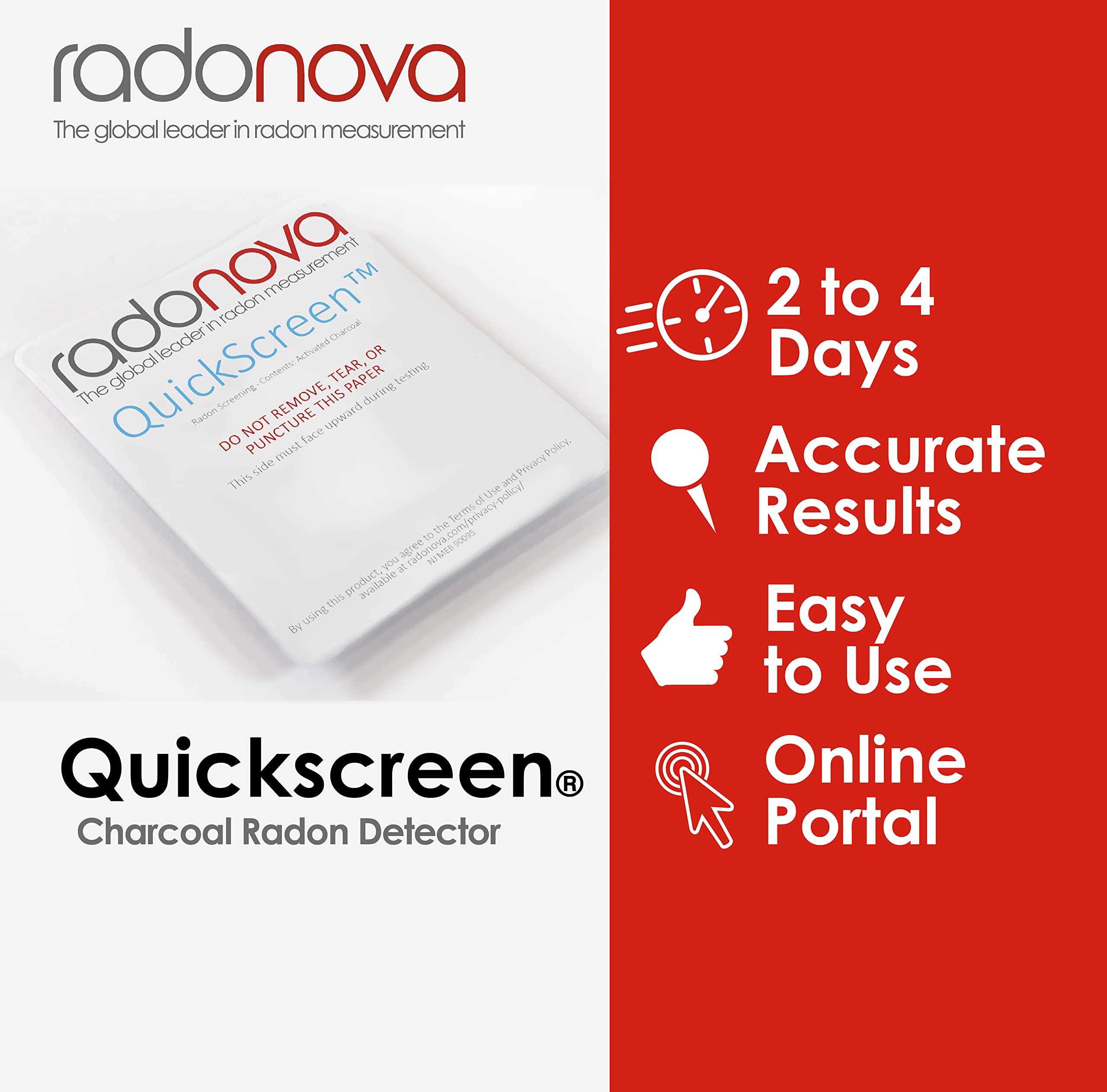 Radonova QuickScreen Home Radon Test Kit - Short Term Charcoal Radon Detector (2-4 Days) Reliable Accurate Readings - EPA Approved Radon Home Test - Lab Analysis Included - Unavailable in New Jersey