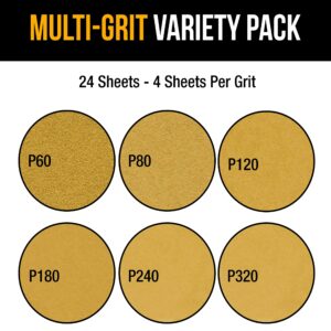 Dura-Gold Premium Triangle Mouse Sanding Sheets Variety Pack - 60, 80, 120, 180, 240, 320 Grit (4 Each, 24 Total), 6 Hole Pattern Hook & Loop Triangular Shaped Sander Discs, Aluminum Oxide Sandpaper