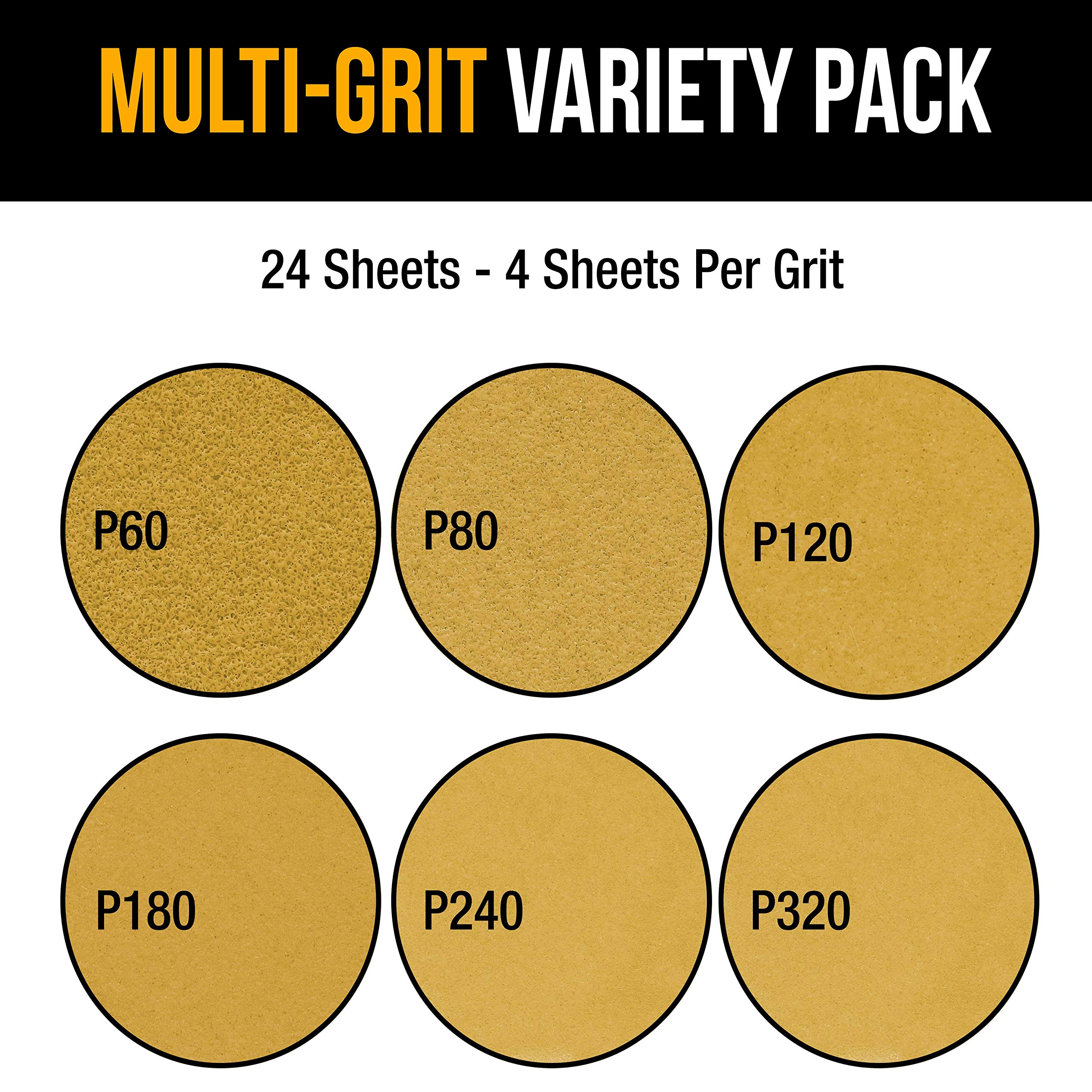 Dura-Gold Premium Triangle Mouse Sanding Sheets Variety Pack - 60, 80, 120, 180, 240, 320 Grit (4 Each, 24 Total), 6 Hole Pattern Hook & Loop Triangular Shaped Sander Discs, Aluminum Oxide Sandpaper