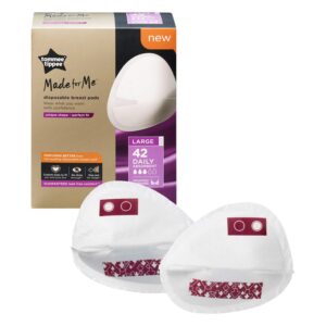 tommee tippee made for me daily disposable breast pads, soft, absorbent and leak-free, contoured shape, adhesive patch, large, pack of 100
