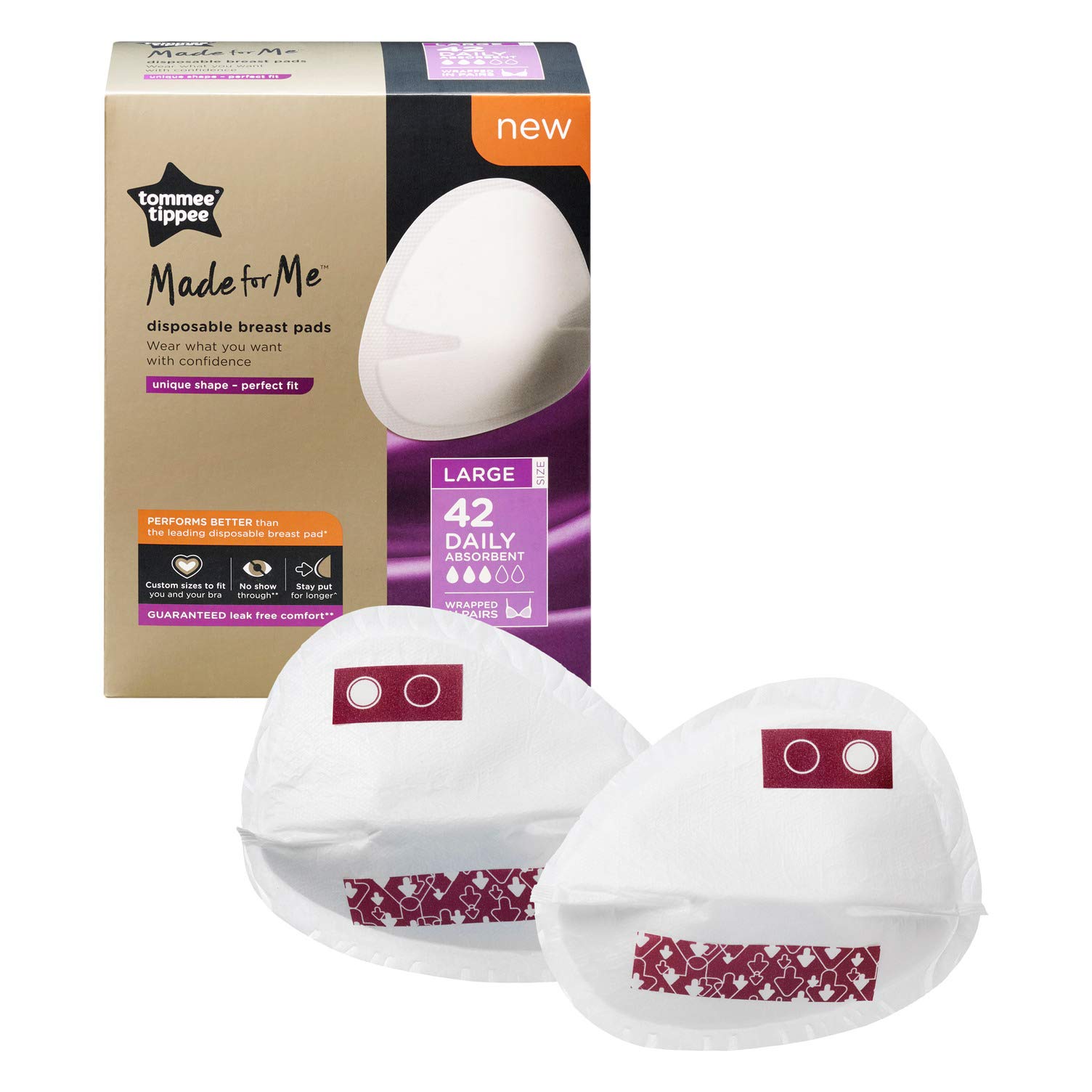 Tommee Tippee Made for Me Daily Disposable Breast Pads, Soft, Absorbent and Leak-Free, Contoured Shape, Adhesive Patch, Large, Pack of 100