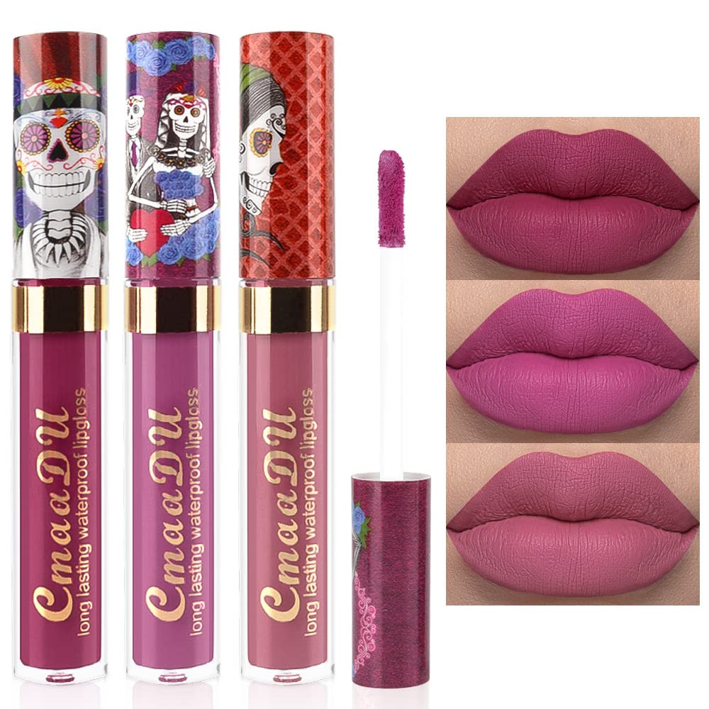 evpct 3Pcs Mauve Sandy pink Chestnut Dark Red Matte Liquid Lipstick Lip Gloss Stain Makeup Set for Women Skull Face 24 Hour Long Lasting Waterproof Lipstick Smudge Proof labial mate larga duracion 24