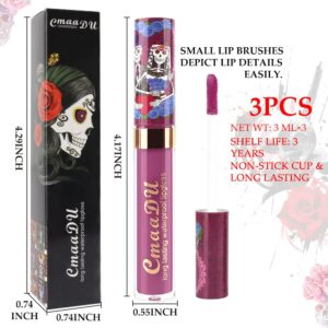 evpct 3Pcs Mauve Sandy pink Chestnut Dark Red Matte Liquid Lipstick Lip Gloss Stain Makeup Set for Women Skull Face 24 Hour Long Lasting Waterproof Lipstick Smudge Proof labial mate larga duracion 24