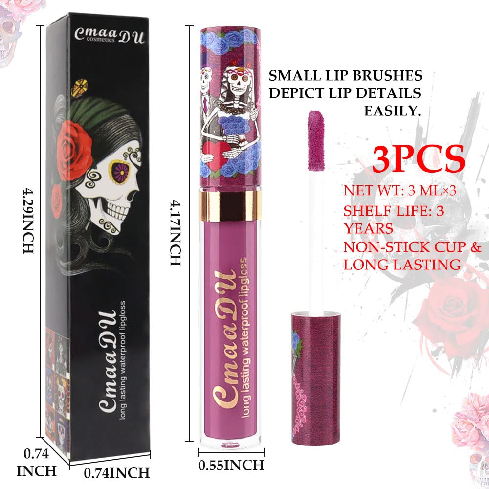 evpct 3Pcs Mauve Sandy pink Chestnut Dark Red Matte Liquid Lipstick Lip Gloss Stain Makeup Set for Women Skull Face 24 Hour Long Lasting Waterproof Lipstick Smudge Proof labial mate larga duracion 24